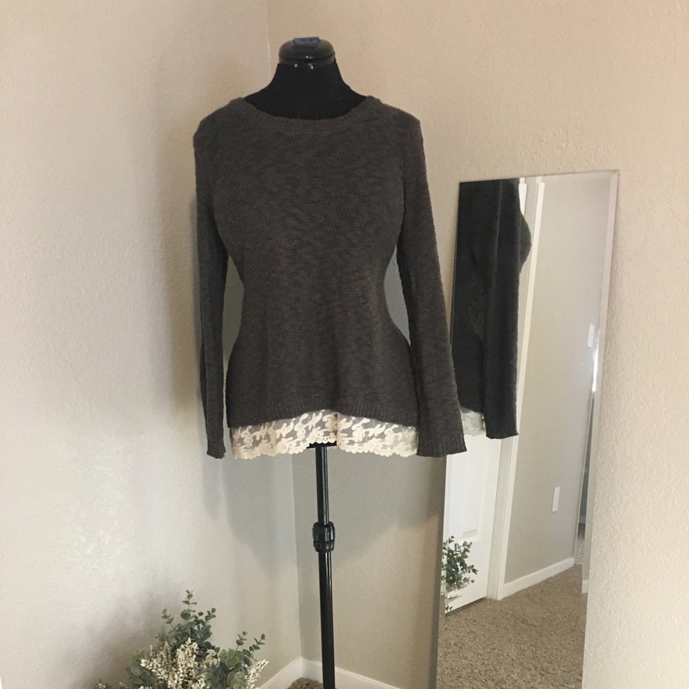 Grey Sweater with Lace Hem